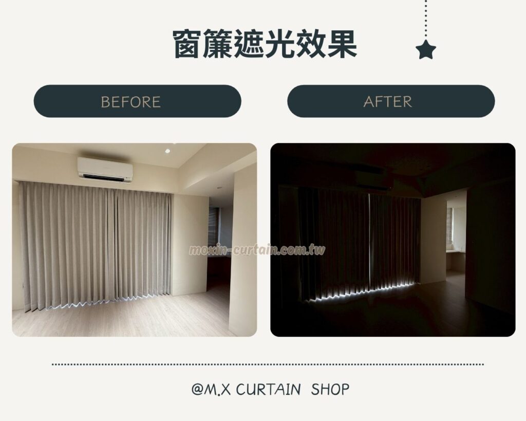 遮光實測對比 (1) - 沐馨窗簾 沐馨窗簾 主臥雙層布簾 遮光實測 左圖為布簾關起來室內開燈,右圖為布簾簾關起 關燈的遮光效果 ,旁邊一同將梳妝台上的木百葉簾,
