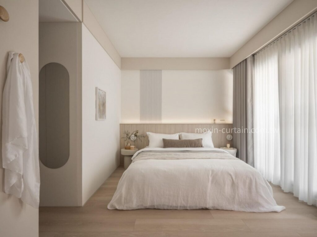 沐馨窗簾主臥窗簾搭配  雙層窗簾 米色蛇型布簾+折景紗簾  